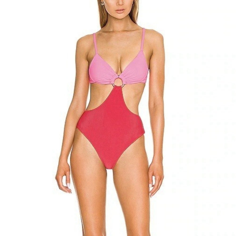 Beach Riot Kirsten One Piece Swimsuit Lipstick Colorblock Cutout Monokini Sz XS